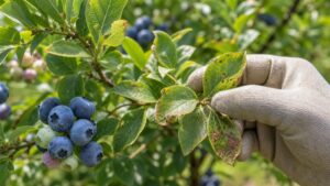 ブルーベリーの葉を手袋で確認している病害虫対策記事のアイキャッチ