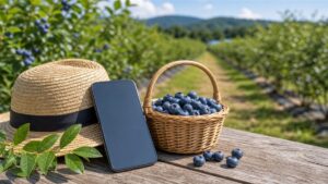 スマートフォンと摘み取りかごを農園のテーブルに置いたアイキャッチ