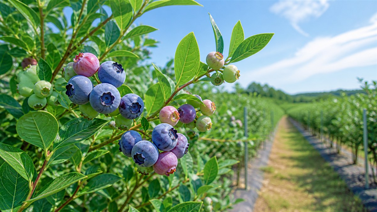 緑、紫、青に熟していくブルーベリーと農園の列を写した旬の記事アイキャッチ
